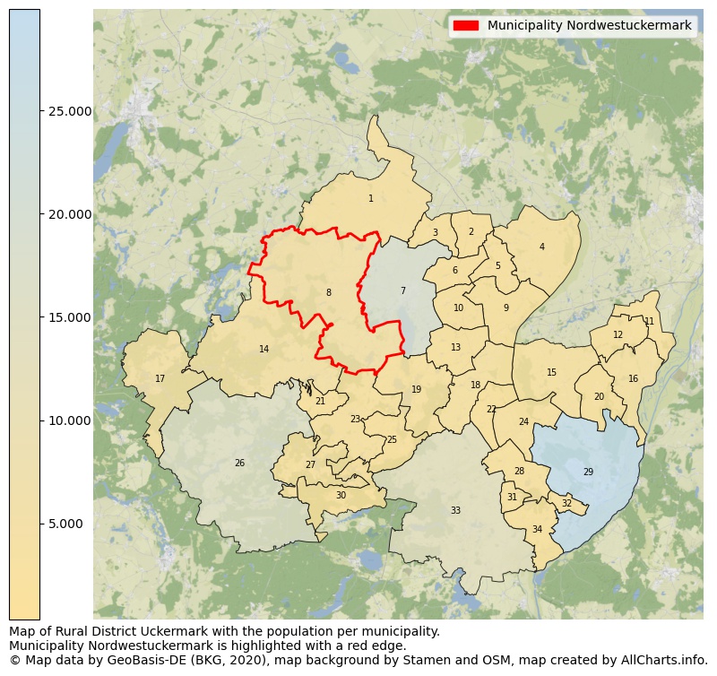 Map of Rural district Uckermark with the population per municipality.Municipality Nordwestuckermark is highlighted with a red edge.. This page shows a lot of information about residents (such as the distribution by age groups, family composition, gender, native or German with an immigration background, ...), homes (numbers, types, price development, use, type of property, ...) and more (car ownership, energy consumption, ...) based on open data from the German Federal Agency for Cartography, the Federal Statistical Office (DESTATIS), the Regional Statistical Offices and various other sources!