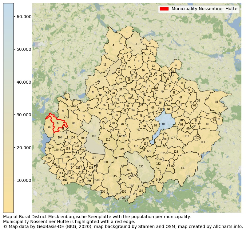 Map of Rural district Mecklenburgische Seenplatte with the population per municipality.Municipality Nossentiner Hütte is highlighted with a red edge.. This page shows a lot of information about residents (such as the distribution by age groups, family composition, gender, native or German with an immigration background, ...), homes (numbers, types, price development, use, type of property, ...) and more (car ownership, energy consumption, ...) based on open data from the German Federal Agency for Cartography, the Federal Statistical Office (DESTATIS), the Regional Statistical Offices and various other sources!
