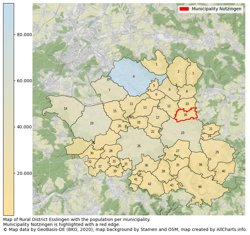 Map of Rural district Esslingen with the population per municipality.Municipality Notzingen is highlighted with a red edge.. This page shows a lot of information about residents (such as the distribution by age groups, family composition, gender, native or German with an immigration background, ...), homes (numbers, types, price development, use, type of property, ...) and more (car ownership, energy consumption, ...) based on open data from the German Federal Agency for Cartography, the Federal Statistical Office (DESTATIS), the Regional Statistical Offices and various other sources!