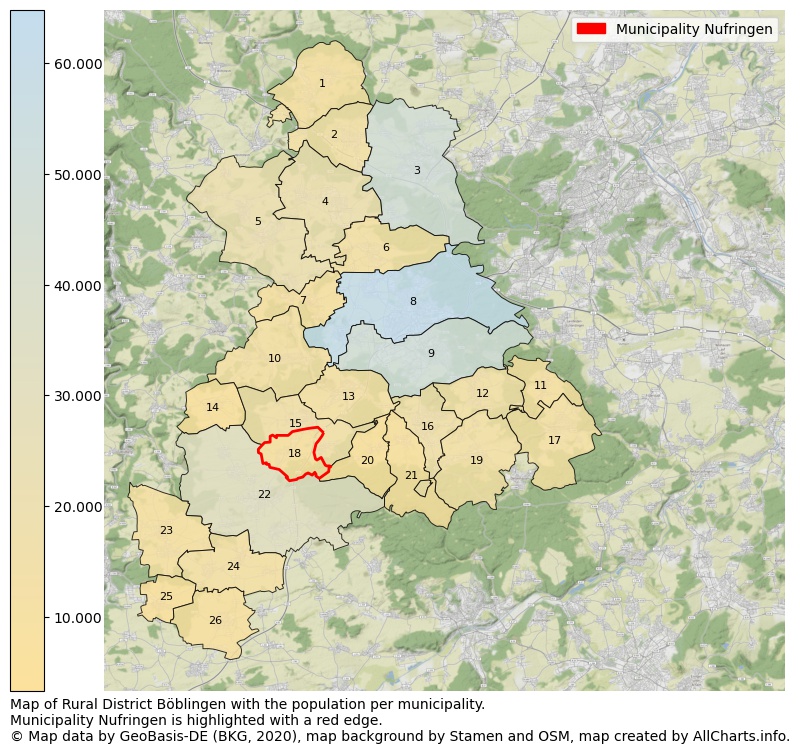 Map of Rural district Böblingen with the population per municipality.Municipality Nufringen is highlighted with a red edge.. This page shows a lot of information about residents (such as the distribution by age groups, family composition, gender, native or German with an immigration background, ...), homes (numbers, types, price development, use, type of property, ...) and more (car ownership, energy consumption, ...) based on open data from the German Federal Agency for Cartography, the Federal Statistical Office (DESTATIS), the Regional Statistical Offices and various other sources!