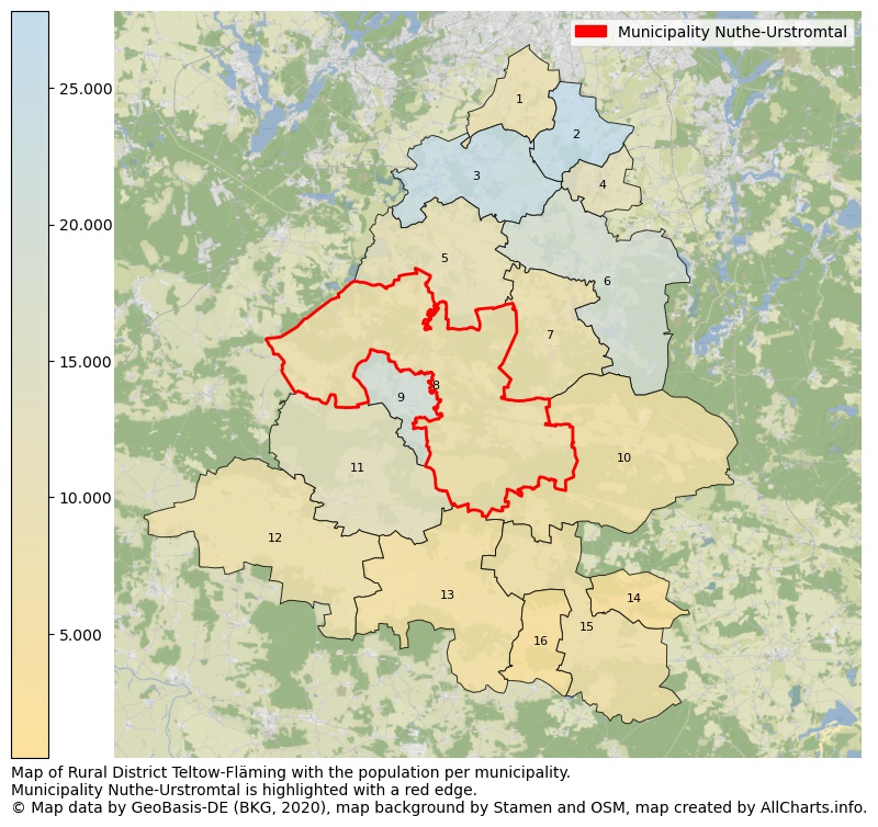 Map of Rural district Teltow-Fläming with the population per municipality.Municipality Nuthe-Urstromtal is highlighted with a red edge.. This page shows a lot of information about residents (such as the distribution by age groups, family composition, gender, native or German with an immigration background, ...), homes (numbers, types, price development, use, type of property, ...) and more (car ownership, energy consumption, ...) based on open data from the German Federal Agency for Cartography, the Federal Statistical Office (DESTATIS), the Regional Statistical Offices and various other sources!