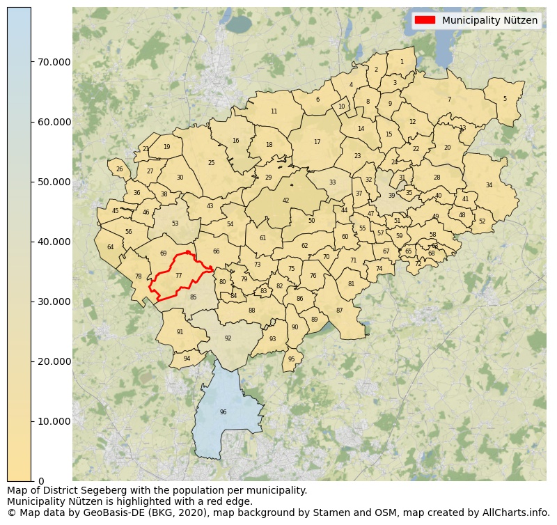 Map of District Segeberg with the population per municipality.Municipality Nützen is highlighted with a red edge.. This page shows a lot of information about residents (such as the distribution by age groups, family composition, gender, native or German with an immigration background, ...), homes (numbers, types, price development, use, type of property, ...) and more (car ownership, energy consumption, ...) based on open data from the German Federal Agency for Cartography, the Federal Statistical Office (DESTATIS), the Regional Statistical Offices and various other sources!