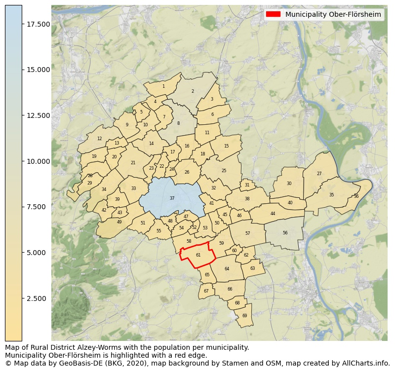 Map of Rural district Alzey-Worms with the population per municipality.Municipality Ober-Flörsheim is highlighted with a red edge.. This page shows a lot of information about residents (such as the distribution by age groups, family composition, gender, native or German with an immigration background, ...), homes (numbers, types, price development, use, type of property, ...) and more (car ownership, energy consumption, ...) based on open data from the German Federal Agency for Cartography, the Federal Statistical Office (DESTATIS), the Regional Statistical Offices and various other sources!