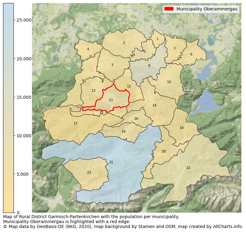 Map of Rural district Garmisch-Partenkirchen with the population per municipality.Municipality Oberammergau is highlighted with a red edge.. This page shows a lot of information about residents (such as the distribution by age groups, family composition, gender, native or German with an immigration background, ...), homes (numbers, types, price development, use, type of property, ...) and more (car ownership, energy consumption, ...) based on open data from the German Federal Agency for Cartography, the Federal Statistical Office (DESTATIS), the Regional Statistical Offices and various other sources!