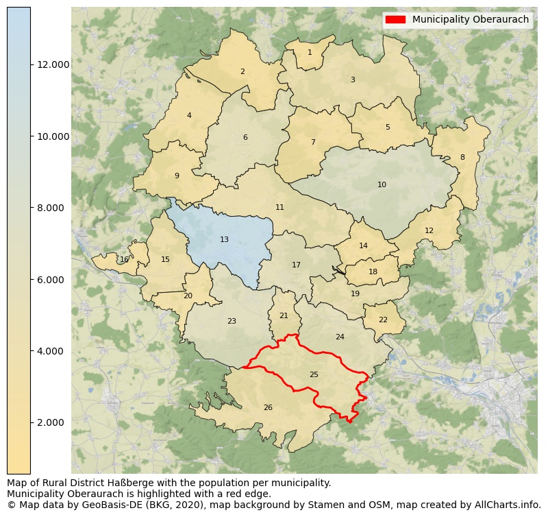 Map of Rural district Haßberge with the population per municipality.Municipality Oberaurach is highlighted with a red edge.. This page shows a lot of information about residents (such as the distribution by age groups, family composition, gender, native or German with an immigration background, ...), homes (numbers, types, price development, use, type of property, ...) and more (car ownership, energy consumption, ...) based on open data from the German Federal Agency for Cartography, the Federal Statistical Office (DESTATIS), the Regional Statistical Offices and various other sources!