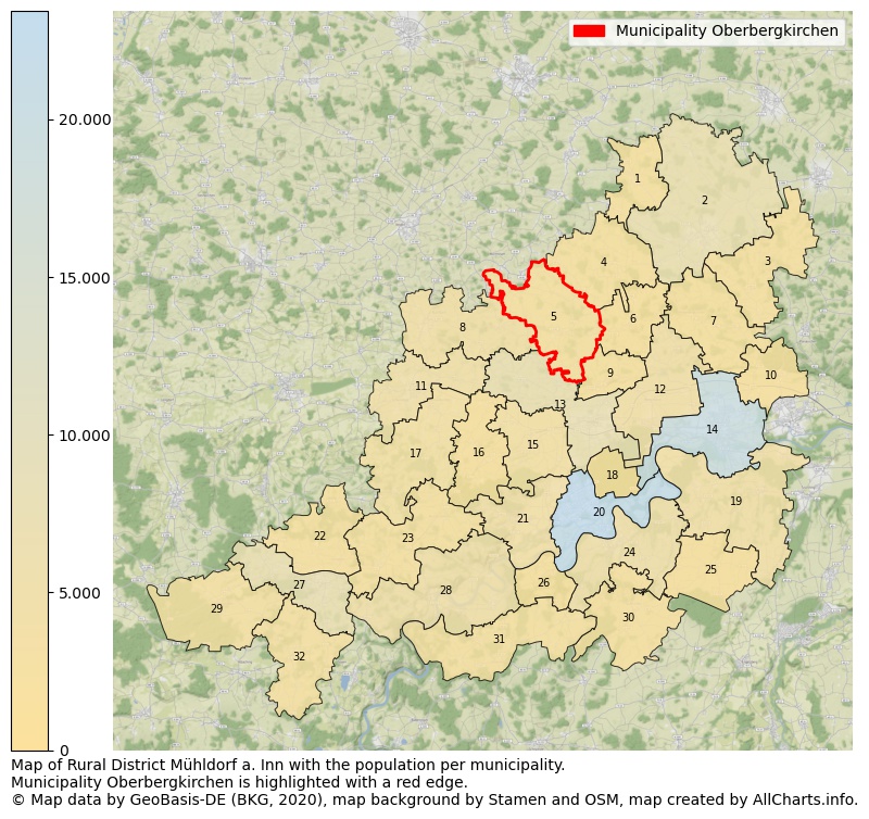 Map of Rural district Mühldorf a. Inn with the population per municipality.Municipality Oberbergkirchen is highlighted with a red edge.. This page shows a lot of information about residents (such as the distribution by age groups, family composition, gender, native or German with an immigration background, ...), homes (numbers, types, price development, use, type of property, ...) and more (car ownership, energy consumption, ...) based on open data from the German Federal Agency for Cartography, the Federal Statistical Office (DESTATIS), the Regional Statistical Offices and various other sources!