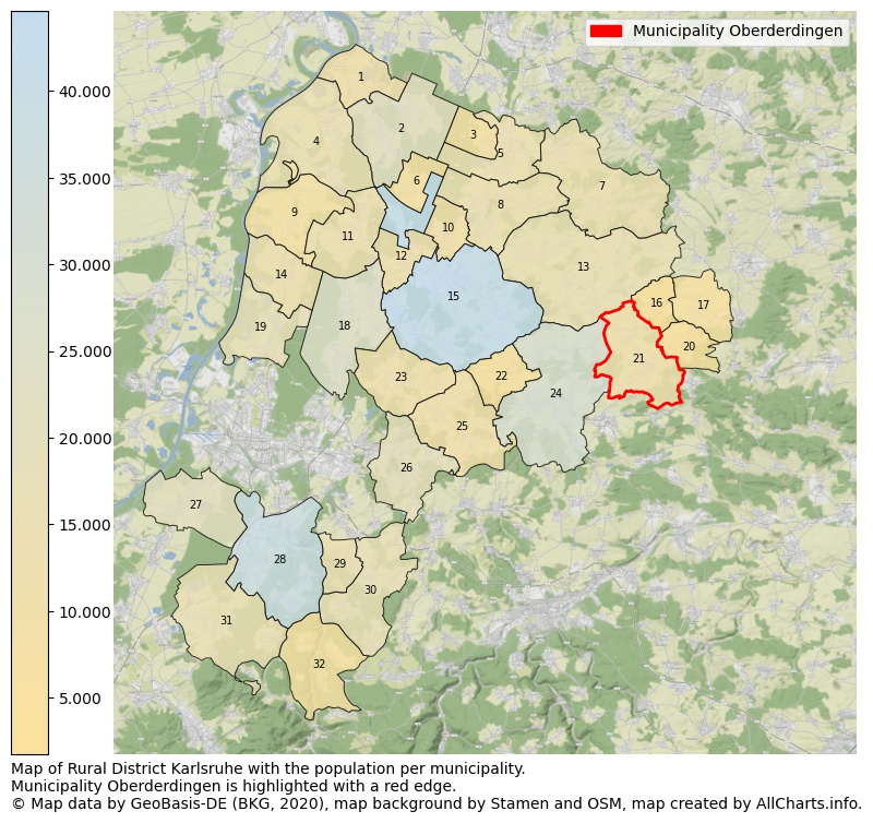 Map of Rural district Karlsruhe with the population per municipality.Municipality Oberderdingen is highlighted with a red edge.. This page shows a lot of information about residents (such as the distribution by age groups, family composition, gender, native or German with an immigration background, ...), homes (numbers, types, price development, use, type of property, ...) and more (car ownership, energy consumption, ...) based on open data from the German Federal Agency for Cartography, the Federal Statistical Office (DESTATIS), the Regional Statistical Offices and various other sources!