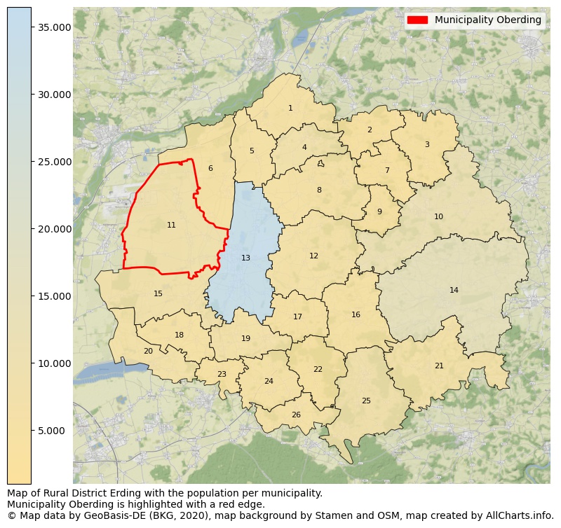 Map of Rural district Erding with the population per municipality.Municipality Oberding is highlighted with a red edge.. This page shows a lot of information about residents (such as the distribution by age groups, family composition, gender, native or German with an immigration background, ...), homes (numbers, types, price development, use, type of property, ...) and more (car ownership, energy consumption, ...) based on open data from the German Federal Agency for Cartography, the Federal Statistical Office (DESTATIS), the Regional Statistical Offices and various other sources!