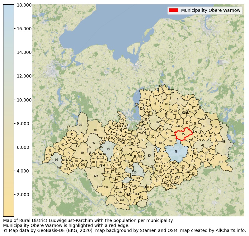 Map of Rural district Ludwigslust-Parchim with the population per municipality.Municipality Obere Warnow is highlighted with a red edge.. This page shows a lot of information about residents (such as the distribution by age groups, family composition, gender, native or German with an immigration background, ...), homes (numbers, types, price development, use, type of property, ...) and more (car ownership, energy consumption, ...) based on open data from the German Federal Agency for Cartography, the Federal Statistical Office (DESTATIS), the Regional Statistical Offices and various other sources!