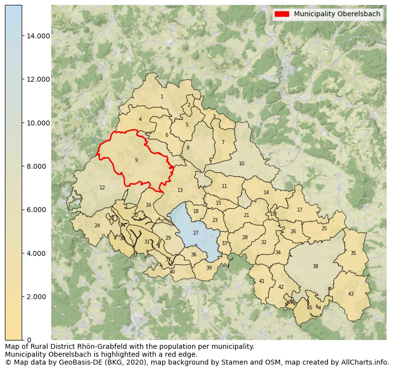 Map of Rural district Rhön-Grabfeld with the population per municipality.Municipality Oberelsbach is highlighted with a red edge.. This page shows a lot of information about residents (such as the distribution by age groups, family composition, gender, native or German with an immigration background, ...), homes (numbers, types, price development, use, type of property, ...) and more (car ownership, energy consumption, ...) based on open data from the German Federal Agency for Cartography, the Federal Statistical Office (DESTATIS), the Regional Statistical Offices and various other sources!