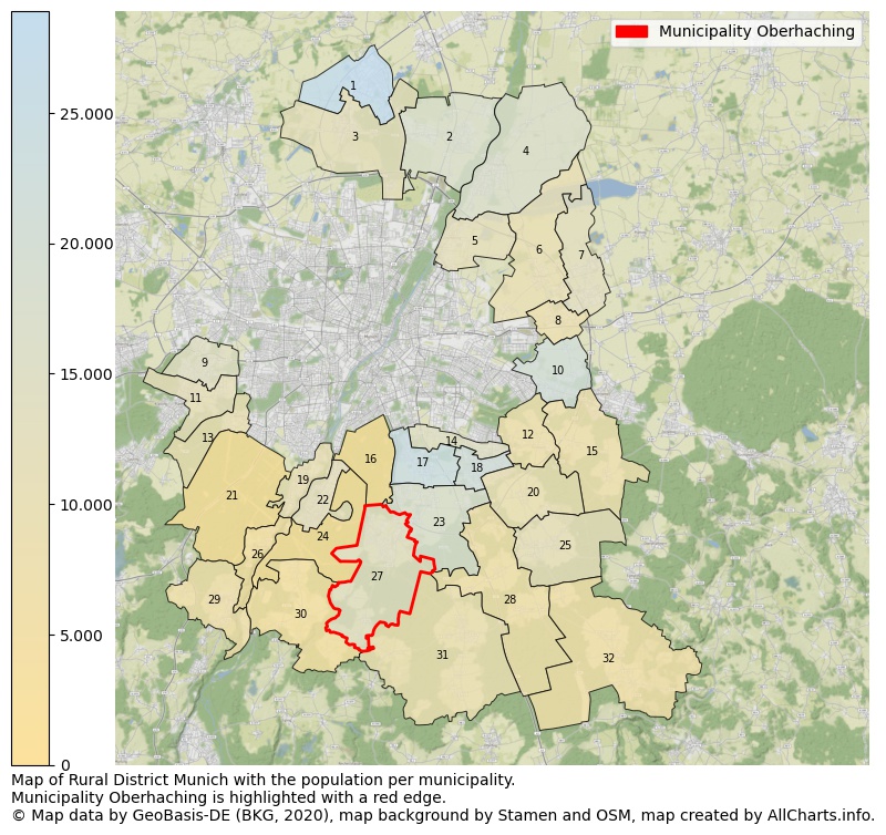 Map of Rural district Munich with the population per municipality.Municipality Oberhaching is highlighted with a red edge.. This page shows a lot of information about residents (such as the distribution by age groups, family composition, gender, native or German with an immigration background, ...), homes (numbers, types, price development, use, type of property, ...) and more (car ownership, energy consumption, ...) based on open data from the German Federal Agency for Cartography, the Federal Statistical Office (DESTATIS), the Regional Statistical Offices and various other sources!