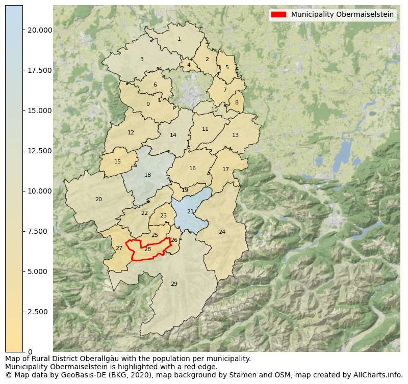 Map of Rural district Oberallgäu with the population per municipality.Municipality Obermaiselstein is highlighted with a red edge.. This page shows a lot of information about residents (such as the distribution by age groups, family composition, gender, native or German with an immigration background, ...), homes (numbers, types, price development, use, type of property, ...) and more (car ownership, energy consumption, ...) based on open data from the German Federal Agency for Cartography, the Federal Statistical Office (DESTATIS), the Regional Statistical Offices and various other sources!
