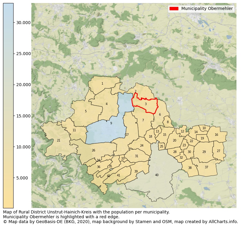 Map of Rural district Unstrut-Hainich-Kreis with the population per municipality.Municipality Obermehler is highlighted with a red edge.. This page shows a lot of information about residents (such as the distribution by age groups, family composition, gender, native or German with an immigration background, ...), homes (numbers, types, price development, use, type of property, ...) and more (car ownership, energy consumption, ...) based on open data from the German Federal Agency for Cartography, the Federal Statistical Office (DESTATIS), the Regional Statistical Offices and various other sources!