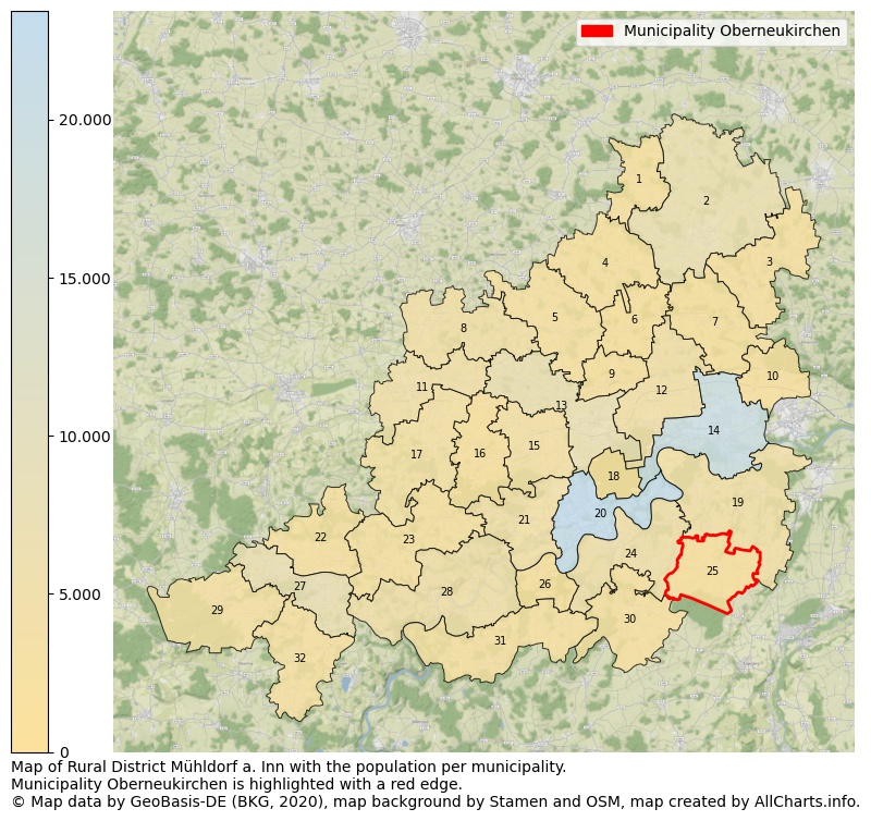 Map of Rural district Mühldorf a. Inn with the population per municipality.Municipality Oberneukirchen is highlighted with a red edge.. This page shows a lot of information about residents (such as the distribution by age groups, family composition, gender, native or German with an immigration background, ...), homes (numbers, types, price development, use, type of property, ...) and more (car ownership, energy consumption, ...) based on open data from the German Federal Agency for Cartography, the Federal Statistical Office (DESTATIS), the Regional Statistical Offices and various other sources!
