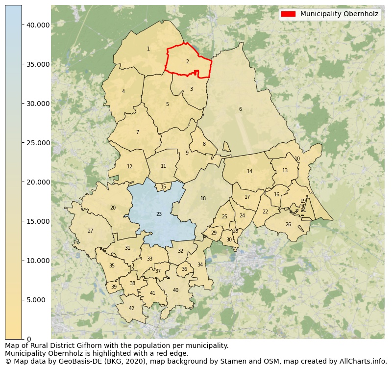 Map of Rural district Gifhorn with the population per municipality.Municipality Obernholz is highlighted with a red edge.. This page shows a lot of information about residents (such as the distribution by age groups, family composition, gender, native or German with an immigration background, ...), homes (numbers, types, price development, use, type of property, ...) and more (car ownership, energy consumption, ...) based on open data from the German Federal Agency for Cartography, the Federal Statistical Office (DESTATIS), the Regional Statistical Offices and various other sources!