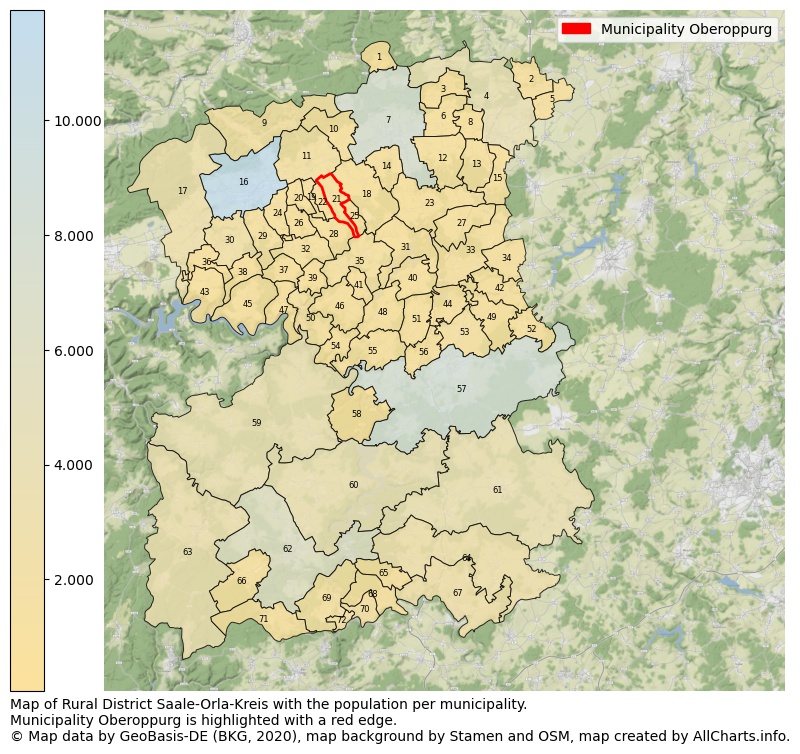 Map of Rural district Saale-Orla-Kreis with the population per municipality.Municipality Oberoppurg is highlighted with a red edge.. This page shows a lot of information about residents (such as the distribution by age groups, family composition, gender, native or German with an immigration background, ...), homes (numbers, types, price development, use, type of property, ...) and more (car ownership, energy consumption, ...) based on open data from the German Federal Agency for Cartography, the Federal Statistical Office (DESTATIS), the Regional Statistical Offices and various other sources!