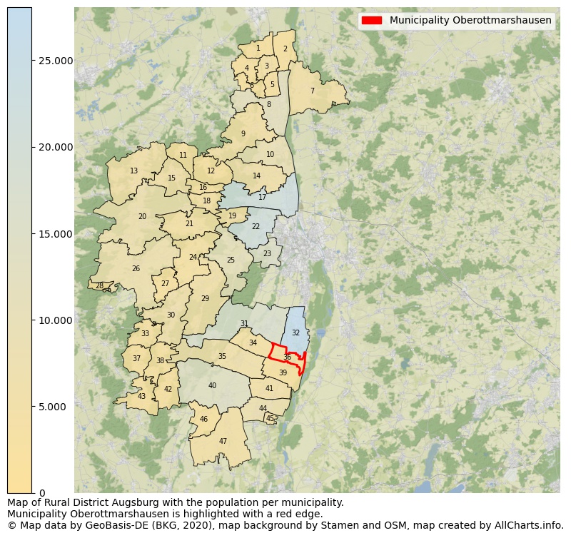 Map of Rural district Augsburg with the population per municipality.Municipality Oberottmarshausen is highlighted with a red edge.. This page shows a lot of information about residents (such as the distribution by age groups, family composition, gender, native or German with an immigration background, ...), homes (numbers, types, price development, use, type of property, ...) and more (car ownership, energy consumption, ...) based on open data from the German Federal Agency for Cartography, the Federal Statistical Office (DESTATIS), the Regional Statistical Offices and various other sources!