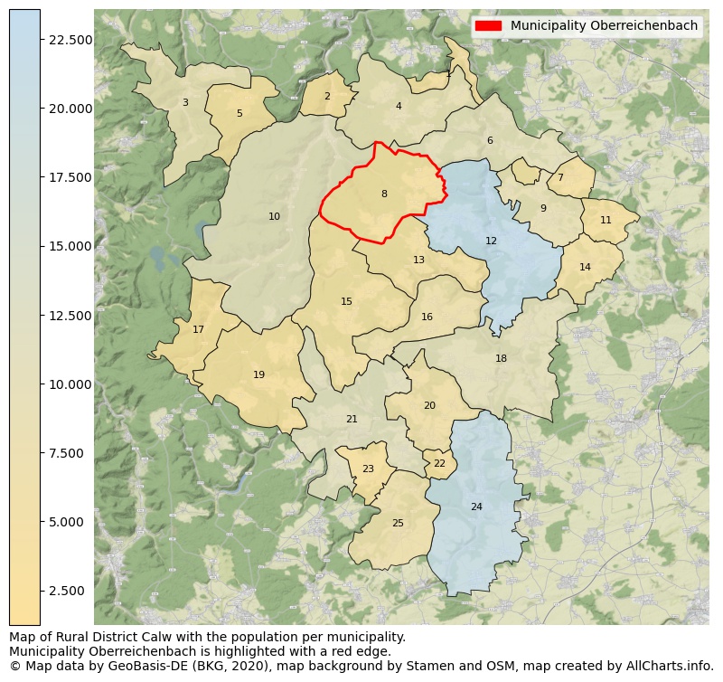 Map of Rural district Calw with the population per municipality.Municipality Oberreichenbach is highlighted with a red edge.. This page shows a lot of information about residents (such as the distribution by age groups, family composition, gender, native or German with an immigration background, ...), homes (numbers, types, price development, use, type of property, ...) and more (car ownership, energy consumption, ...) based on open data from the German Federal Agency for Cartography, the Federal Statistical Office (DESTATIS), the Regional Statistical Offices and various other sources!