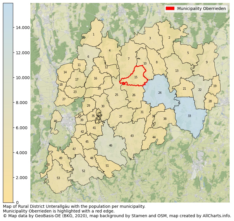 Map of Rural district Unterallgäu with the population per municipality.Municipality Oberrieden is highlighted with a red edge.. This page shows a lot of information about residents (such as the distribution by age groups, family composition, gender, native or German with an immigration background, ...), homes (numbers, types, price development, use, type of property, ...) and more (car ownership, energy consumption, ...) based on open data from the German Federal Agency for Cartography, the Federal Statistical Office (DESTATIS), the Regional Statistical Offices and various other sources!
