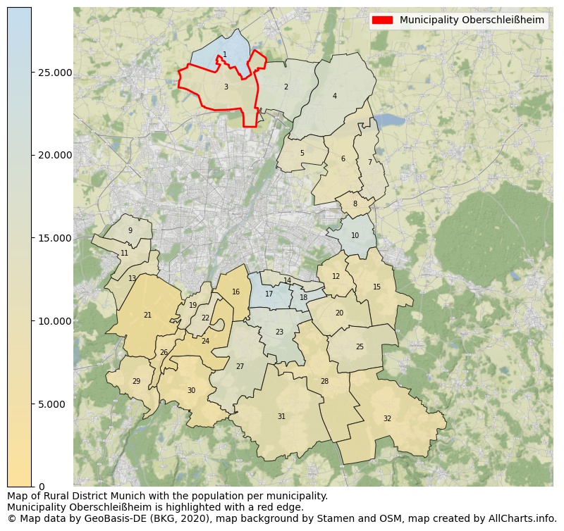 Map of Rural district Munich with the population per municipality.Municipality Oberschleißheim is highlighted with a red edge.. This page shows a lot of information about residents (such as the distribution by age groups, family composition, gender, native or German with an immigration background, ...), homes (numbers, types, price development, use, type of property, ...) and more (car ownership, energy consumption, ...) based on open data from the German Federal Agency for Cartography, the Federal Statistical Office (DESTATIS), the Regional Statistical Offices and various other sources!