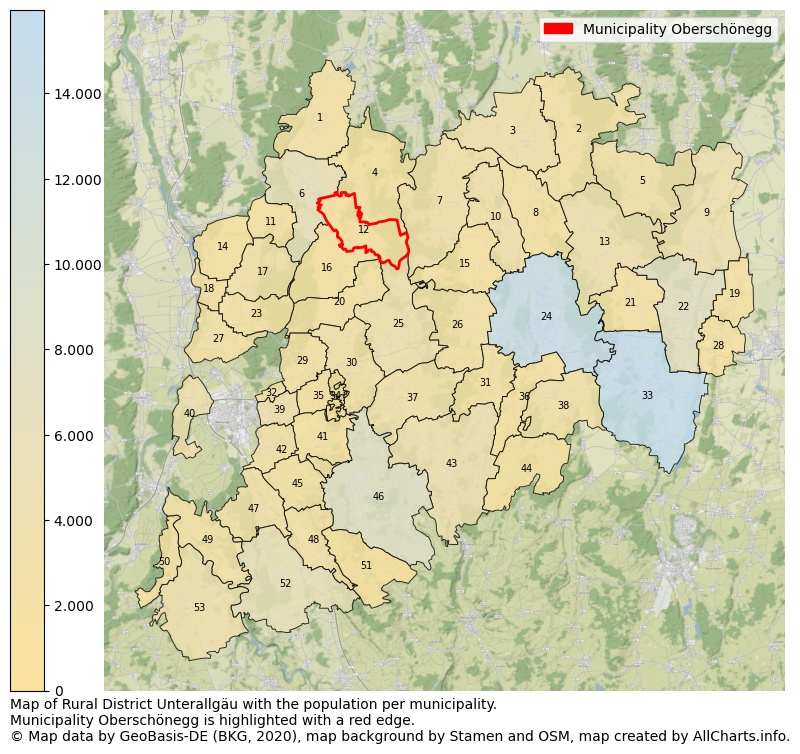 Map of Rural district Unterallgäu with the population per municipality.Municipality Oberschönegg is highlighted with a red edge.. This page shows a lot of information about residents (such as the distribution by age groups, family composition, gender, native or German with an immigration background, ...), homes (numbers, types, price development, use, type of property, ...) and more (car ownership, energy consumption, ...) based on open data from the German Federal Agency for Cartography, the Federal Statistical Office (DESTATIS), the Regional Statistical Offices and various other sources!