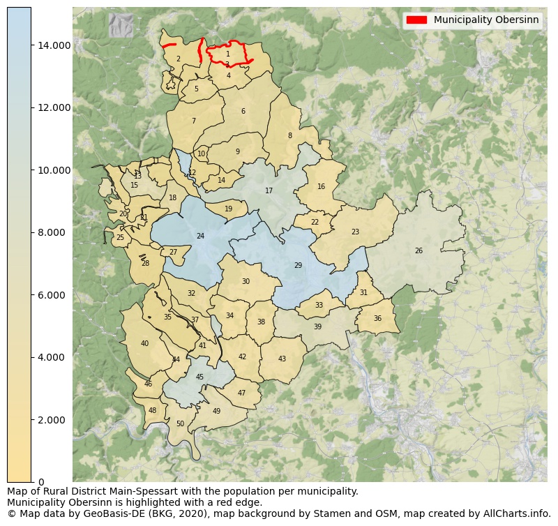 Map of Rural district Main-Spessart with the population per municipality.Municipality Obersinn is highlighted with a red edge.. This page shows a lot of information about residents (such as the distribution by age groups, family composition, gender, native or German with an immigration background, ...), homes (numbers, types, price development, use, type of property, ...) and more (car ownership, energy consumption, ...) based on open data from the German Federal Agency for Cartography, the Federal Statistical Office (DESTATIS), the Regional Statistical Offices and various other sources!