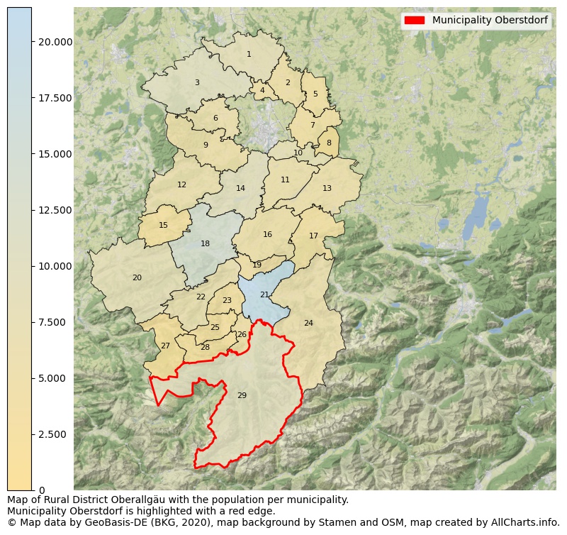 Map of Rural district Oberallgäu with the population per municipality.Municipality Oberstdorf is highlighted with a red edge.. This page shows a lot of information about residents (such as the distribution by age groups, family composition, gender, native or German with an immigration background, ...), homes (numbers, types, price development, use, type of property, ...) and more (car ownership, energy consumption, ...) based on open data from the German Federal Agency for Cartography, the Federal Statistical Office (DESTATIS), the Regional Statistical Offices and various other sources!
