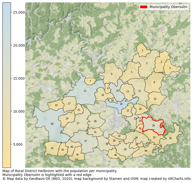 Map of Rural district Heilbronn with the population per municipality.Municipality Obersulm is highlighted with a red edge.. This page shows a lot of information about residents (such as the distribution by age groups, family composition, gender, native or German with an immigration background, ...), homes (numbers, types, price development, use, type of property, ...) and more (car ownership, energy consumption, ...) based on open data from the German Federal Agency for Cartography, the Federal Statistical Office (DESTATIS), the Regional Statistical Offices and various other sources!