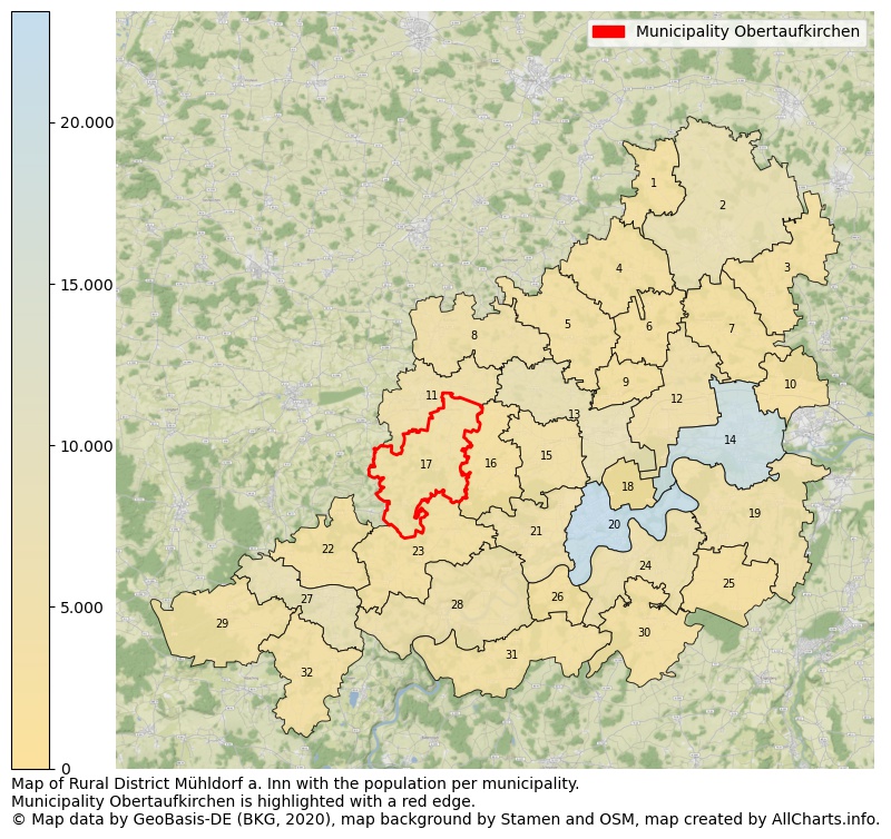 Map of Rural district Mühldorf a. Inn with the population per municipality.Municipality Obertaufkirchen is highlighted with a red edge.. This page shows a lot of information about residents (such as the distribution by age groups, family composition, gender, native or German with an immigration background, ...), homes (numbers, types, price development, use, type of property, ...) and more (car ownership, energy consumption, ...) based on open data from the German Federal Agency for Cartography, the Federal Statistical Office (DESTATIS), the Regional Statistical Offices and various other sources!
