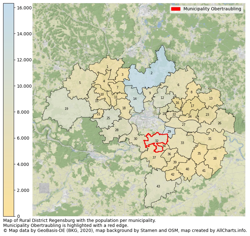 Map of Rural district Regensburg with the population per municipality.Municipality Obertraubling is highlighted with a red edge.. This page shows a lot of information about residents (such as the distribution by age groups, family composition, gender, native or German with an immigration background, ...), homes (numbers, types, price development, use, type of property, ...) and more (car ownership, energy consumption, ...) based on open data from the German Federal Agency for Cartography, the Federal Statistical Office (DESTATIS), the Regional Statistical Offices and various other sources!