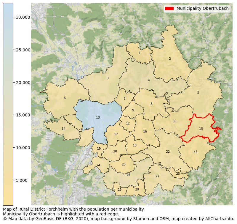Map of Rural district Forchheim with the population per municipality.Municipality Obertrubach is highlighted with a red edge.. This page shows a lot of information about residents (such as the distribution by age groups, family composition, gender, native or German with an immigration background, ...), homes (numbers, types, price development, use, type of property, ...) and more (car ownership, energy consumption, ...) based on open data from the German Federal Agency for Cartography, the Federal Statistical Office (DESTATIS), the Regional Statistical Offices and various other sources!