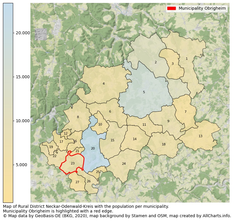 Map of Rural district Neckar-Odenwald-Kreis with the population per municipality.Municipality Obrigheim is highlighted with a red edge.. This page shows a lot of information about residents (such as the distribution by age groups, family composition, gender, native or German with an immigration background, ...), homes (numbers, types, price development, use, type of property, ...) and more (car ownership, energy consumption, ...) based on open data from the German Federal Agency for Cartography, the Federal Statistical Office (DESTATIS), the Regional Statistical Offices and various other sources!