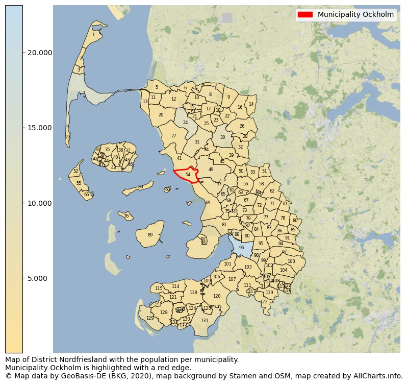 Map of District Nordfriesland with the population per municipality.Municipality Ockholm is highlighted with a red edge.. This page shows a lot of information about residents (such as the distribution by age groups, family composition, gender, native or German with an immigration background, ...), homes (numbers, types, price development, use, type of property, ...) and more (car ownership, energy consumption, ...) based on open data from the German Federal Agency for Cartography, the Federal Statistical Office (DESTATIS), the Regional Statistical Offices and various other sources!