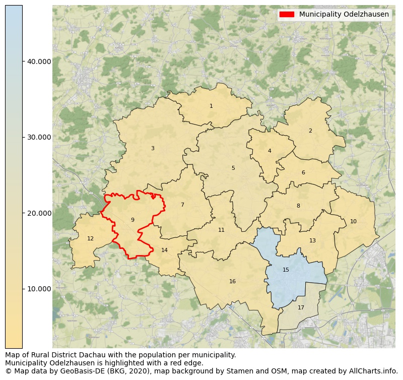 Map of Rural district Dachau with the population per municipality.Municipality Odelzhausen is highlighted with a red edge.. This page shows a lot of information about residents (such as the distribution by age groups, family composition, gender, native or German with an immigration background, ...), homes (numbers, types, price development, use, type of property, ...) and more (car ownership, energy consumption, ...) based on open data from the German Federal Agency for Cartography, the Federal Statistical Office (DESTATIS), the Regional Statistical Offices and various other sources!