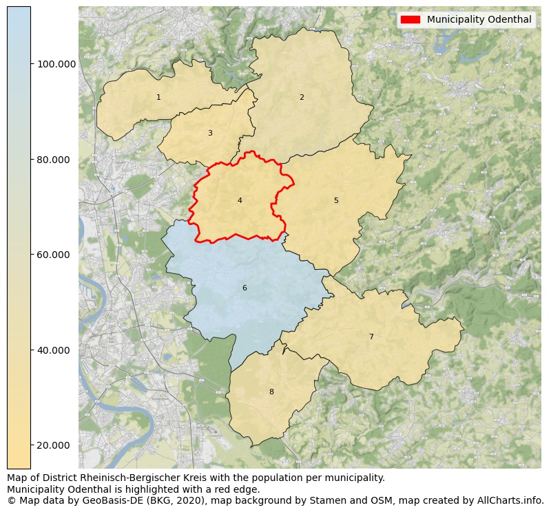 Map of District Rheinisch-Bergischer Kreis with the population per municipality.Municipality Odenthal is highlighted with a red edge.. This page shows a lot of information about residents (such as the distribution by age groups, family composition, gender, native or German with an immigration background, ...), homes (numbers, types, price development, use, type of property, ...) and more (car ownership, energy consumption, ...) based on open data from the German Federal Agency for Cartography, the Federal Statistical Office (DESTATIS), the Regional Statistical Offices and various other sources!