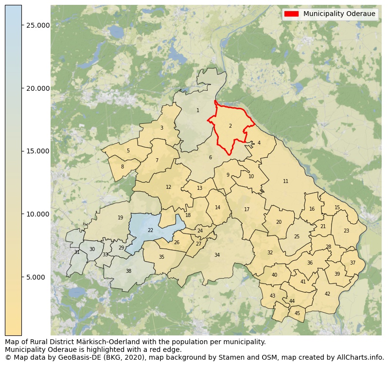 Map of Rural district Märkisch-Oderland with the population per municipality.Municipality Oderaue is highlighted with a red edge.. This page shows a lot of information about residents (such as the distribution by age groups, family composition, gender, native or German with an immigration background, ...), homes (numbers, types, price development, use, type of property, ...) and more (car ownership, energy consumption, ...) based on open data from the German Federal Agency for Cartography, the Federal Statistical Office (DESTATIS), the Regional Statistical Offices and various other sources!