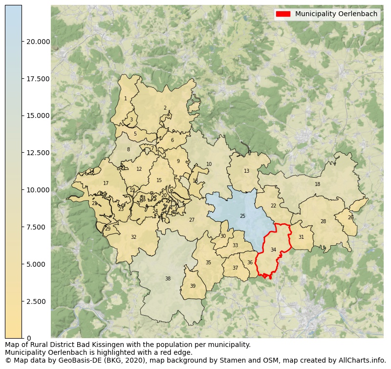Map of Rural district Bad Kissingen with the population per municipality.Municipality Oerlenbach is highlighted with a red edge.. This page shows a lot of information about residents (such as the distribution by age groups, family composition, gender, native or German with an immigration background, ...), homes (numbers, types, price development, use, type of property, ...) and more (car ownership, energy consumption, ...) based on open data from the German Federal Agency for Cartography, the Federal Statistical Office (DESTATIS), the Regional Statistical Offices and various other sources!