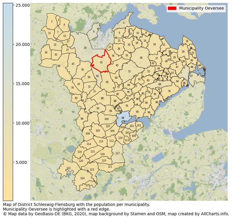 Map of District Schleswig-Flensburg with the population per municipality.Municipality Oeversee is highlighted with a red edge.. This page shows a lot of information about residents (such as the distribution by age groups, family composition, gender, native or German with an immigration background, ...), homes (numbers, types, price development, use, type of property, ...) and more (car ownership, energy consumption, ...) based on open data from the German Federal Agency for Cartography, the Federal Statistical Office (DESTATIS), the Regional Statistical Offices and various other sources!
