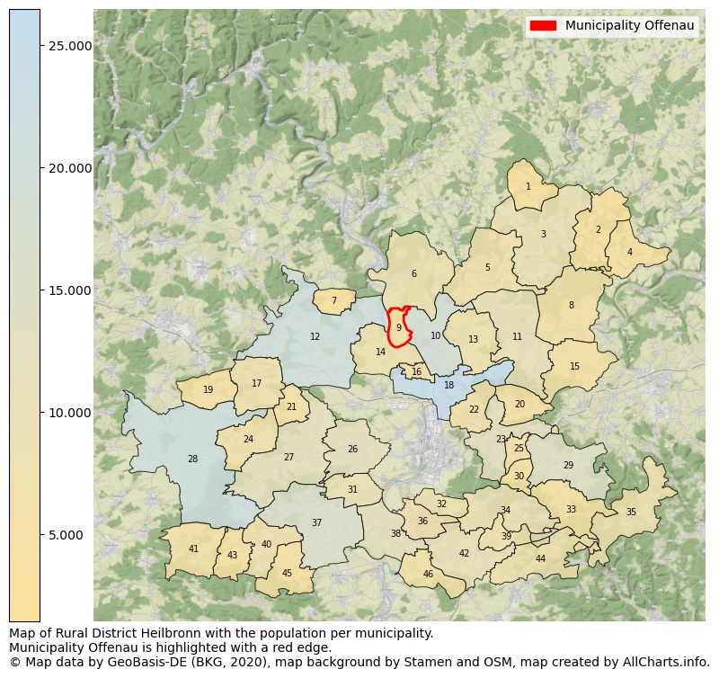 Map of Rural district Heilbronn with the population per municipality.Municipality Offenau is highlighted with a red edge.. This page shows a lot of information about residents (such as the distribution by age groups, family composition, gender, native or German with an immigration background, ...), homes (numbers, types, price development, use, type of property, ...) and more (car ownership, energy consumption, ...) based on open data from the German Federal Agency for Cartography, the Federal Statistical Office (DESTATIS), the Regional Statistical Offices and various other sources!