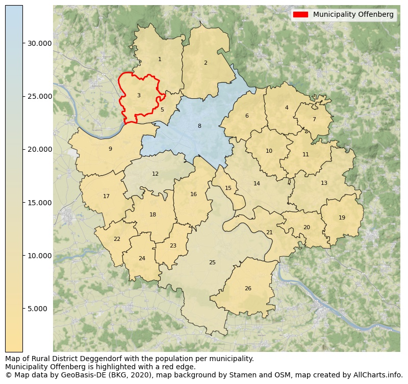 Map of Rural district Deggendorf with the population per municipality.Municipality Offenberg is highlighted with a red edge.. This page shows a lot of information about residents (such as the distribution by age groups, family composition, gender, native or German with an immigration background, ...), homes (numbers, types, price development, use, type of property, ...) and more (car ownership, energy consumption, ...) based on open data from the German Federal Agency for Cartography, the Federal Statistical Office (DESTATIS), the Regional Statistical Offices and various other sources!