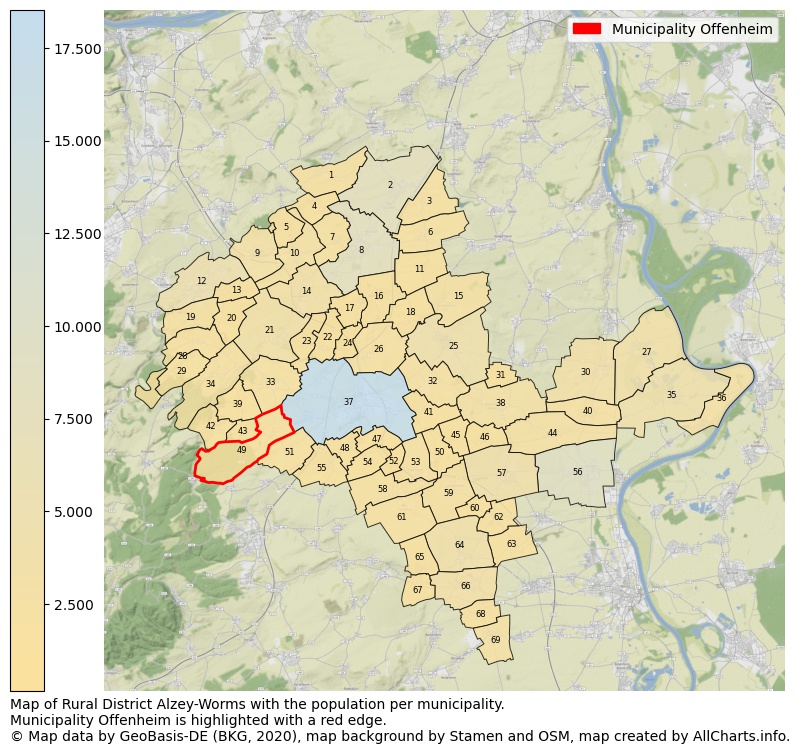 Map of Rural district Alzey-Worms with the population per municipality.Municipality Offenheim is highlighted with a red edge.. This page shows a lot of information about residents (such as the distribution by age groups, family composition, gender, native or German with an immigration background, ...), homes (numbers, types, price development, use, type of property, ...) and more (car ownership, energy consumption, ...) based on open data from the German Federal Agency for Cartography, the Federal Statistical Office (DESTATIS), the Regional Statistical Offices and various other sources!