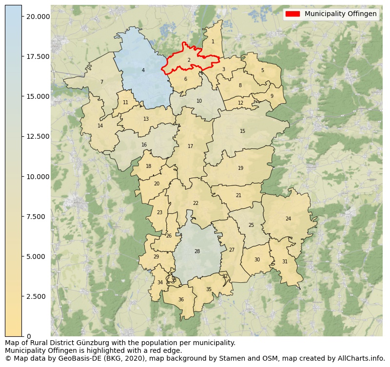 Map of Rural district Günzburg with the population per municipality.Municipality Offingen is highlighted with a red edge.. This page shows a lot of information about residents (such as the distribution by age groups, family composition, gender, native or German with an immigration background, ...), homes (numbers, types, price development, use, type of property, ...) and more (car ownership, energy consumption, ...) based on open data from the German Federal Agency for Cartography, the Federal Statistical Office (DESTATIS), the Regional Statistical Offices and various other sources!