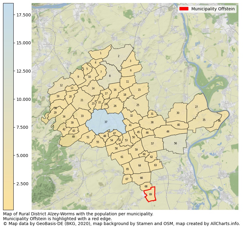 Map of Rural district Alzey-Worms with the population per municipality.Municipality Offstein is highlighted with a red edge.. This page shows a lot of information about residents (such as the distribution by age groups, family composition, gender, native or German with an immigration background, ...), homes (numbers, types, price development, use, type of property, ...) and more (car ownership, energy consumption, ...) based on open data from the German Federal Agency for Cartography, the Federal Statistical Office (DESTATIS), the Regional Statistical Offices and various other sources!