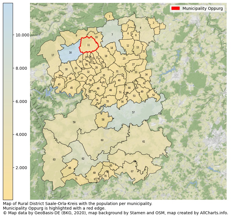 Map of Rural district Saale-Orla-Kreis with the population per municipality.Municipality Oppurg is highlighted with a red edge.. This page shows a lot of information about residents (such as the distribution by age groups, family composition, gender, native or German with an immigration background, ...), homes (numbers, types, price development, use, type of property, ...) and more (car ownership, energy consumption, ...) based on open data from the German Federal Agency for Cartography, the Federal Statistical Office (DESTATIS), the Regional Statistical Offices and various other sources!