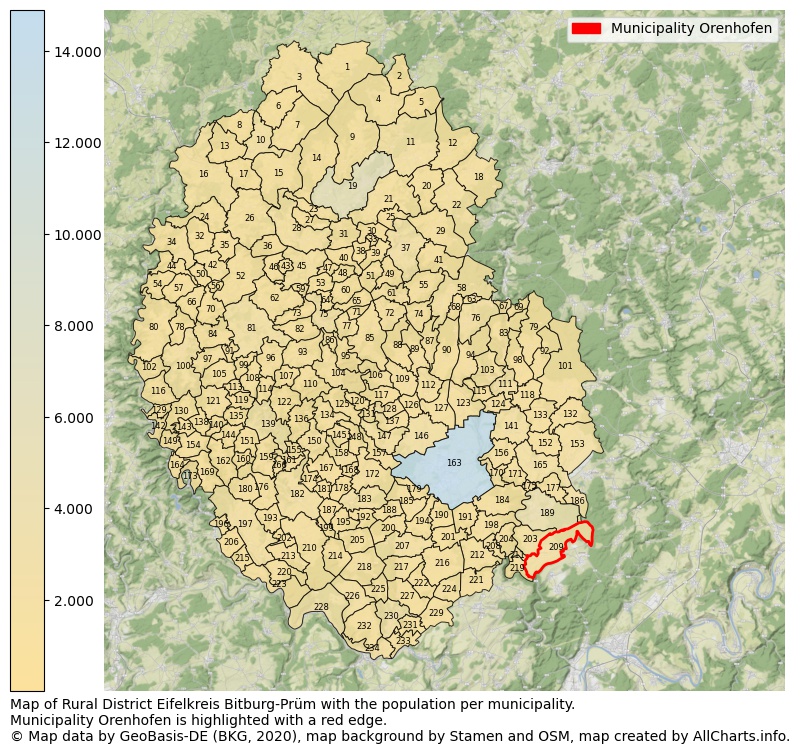 Map of Rural district Eifelkreis Bitburg-Prüm with the population per municipality.Municipality Orenhofen is highlighted with a red edge.. This page shows a lot of information about residents (such as the distribution by age groups, family composition, gender, native or German with an immigration background, ...), homes (numbers, types, price development, use, type of property, ...) and more (car ownership, energy consumption, ...) based on open data from the German Federal Agency for Cartography, the Federal Statistical Office (DESTATIS), the Regional Statistical Offices and various other sources!