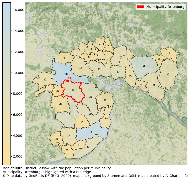 Map of Rural district Passaw with the population per municipality.Municipality Ortenburg is highlighted with a red edge.. This page shows a lot of information about residents (such as the distribution by age groups, family composition, gender, native or German with an immigration background, ...), homes (numbers, types, price development, use, type of property, ...) and more (car ownership, energy consumption, ...) based on open data from the German Federal Agency for Cartography, the Federal Statistical Office (DESTATIS), the Regional Statistical Offices and various other sources!