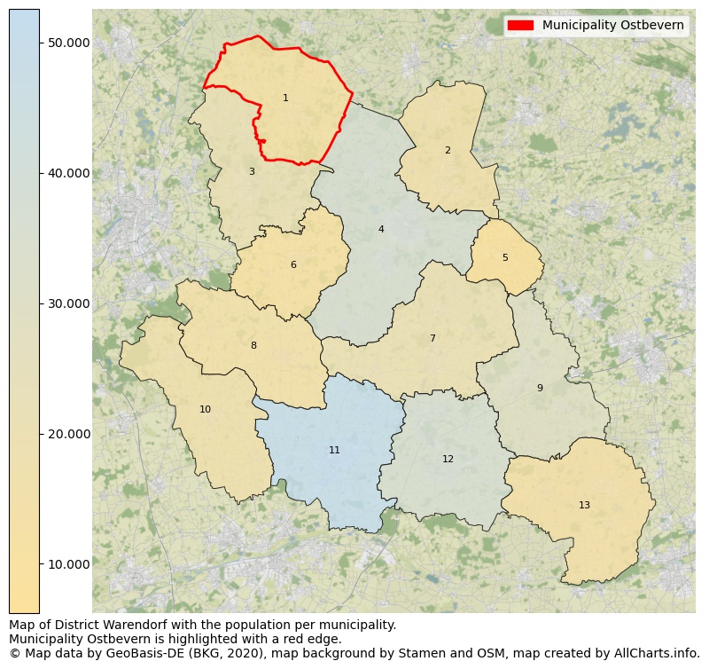 Map of District Warendorf with the population per municipality.Municipality Ostbevern is highlighted with a red edge.. This page shows a lot of information about residents (such as the distribution by age groups, family composition, gender, native or German with an immigration background, ...), homes (numbers, types, price development, use, type of property, ...) and more (car ownership, energy consumption, ...) based on open data from the German Federal Agency for Cartography, the Federal Statistical Office (DESTATIS), the Regional Statistical Offices and various other sources!