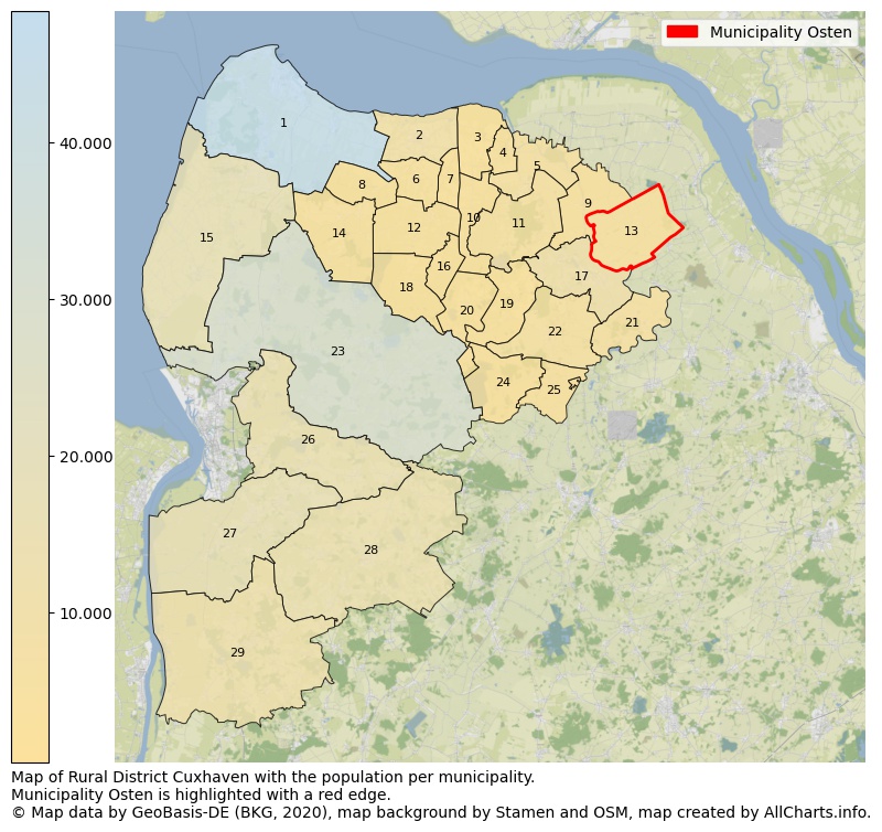 Map of Rural district Cuxhaven with the population per municipality.Municipality Osten is highlighted with a red edge.. This page shows a lot of information about residents (such as the distribution by age groups, family composition, gender, native or German with an immigration background, ...), homes (numbers, types, price development, use, type of property, ...) and more (car ownership, energy consumption, ...) based on open data from the German Federal Agency for Cartography, the Federal Statistical Office (DESTATIS), the Regional Statistical Offices and various other sources!