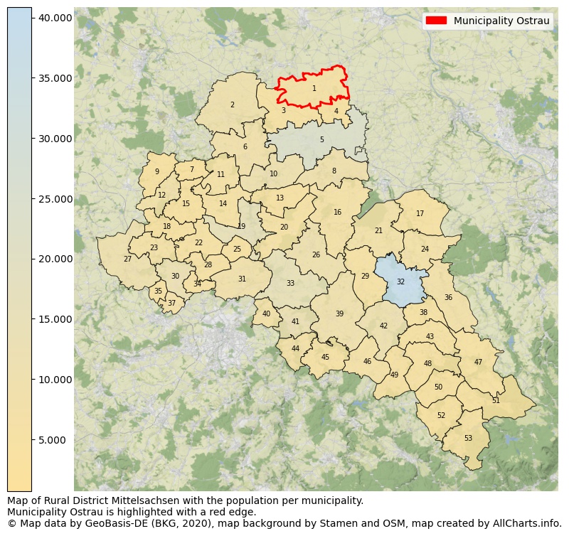 Map of Rural district Mittelsachsen with the population per municipality.Municipality Ostrau is highlighted with a red edge.. This page shows a lot of information about residents (such as the distribution by age groups, family composition, gender, native or German with an immigration background, ...), homes (numbers, types, price development, use, type of property, ...) and more (car ownership, energy consumption, ...) based on open data from the German Federal Agency for Cartography, the Federal Statistical Office (DESTATIS), the Regional Statistical Offices and various other sources!