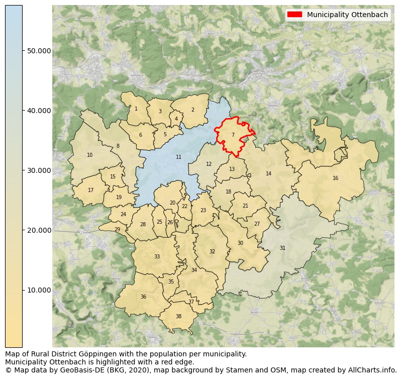 Map of Rural district Göppingen with the population per municipality.Municipality Ottenbach is highlighted with a red edge.. This page shows a lot of information about residents (such as the distribution by age groups, family composition, gender, native or German with an immigration background, ...), homes (numbers, types, price development, use, type of property, ...) and more (car ownership, energy consumption, ...) based on open data from the German Federal Agency for Cartography, the Federal Statistical Office (DESTATIS), the Regional Statistical Offices and various other sources!